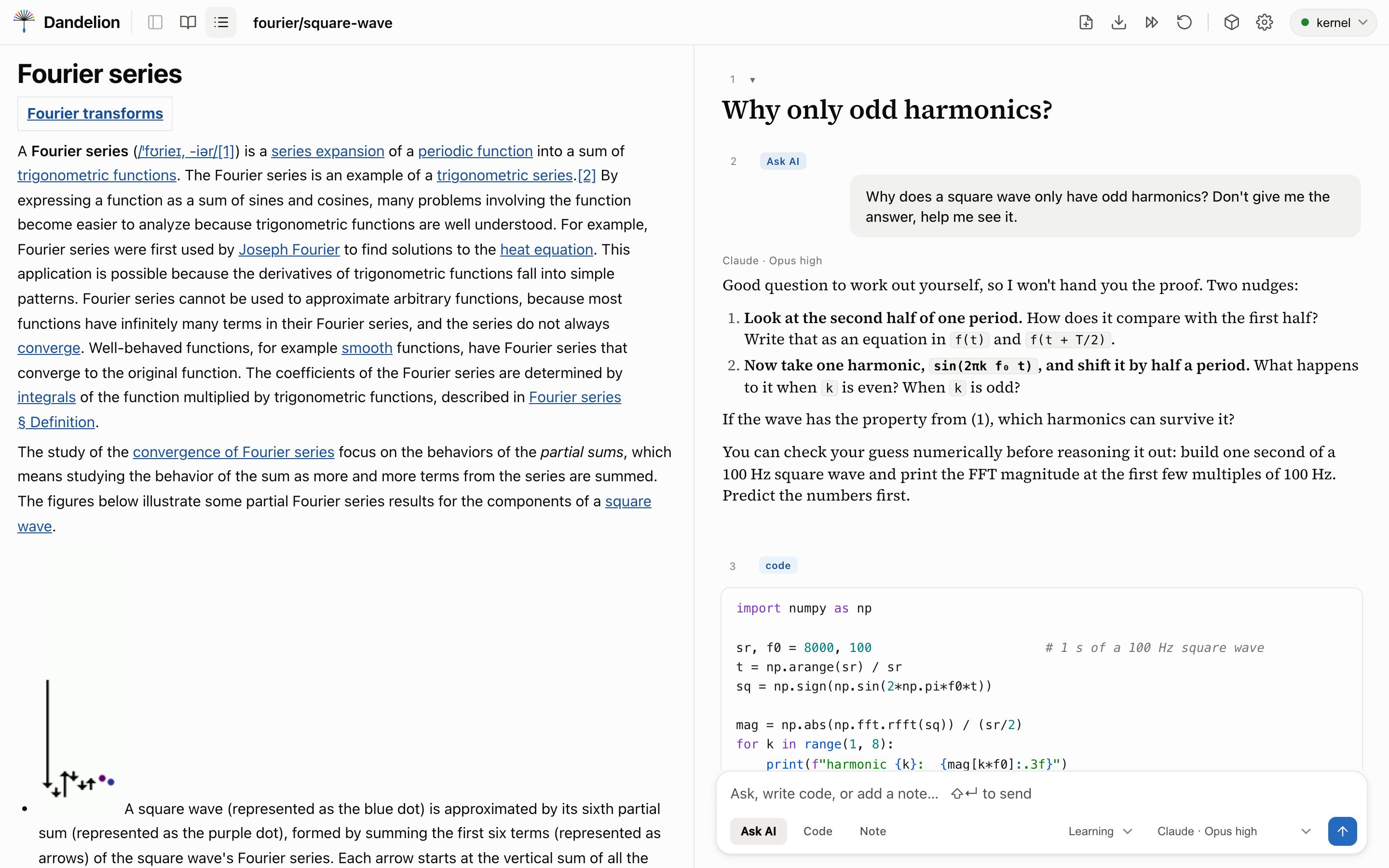 The Wikipedia article Fourier series open as clean text in the reading panel on the left, with the lesson Why only odd harmonics? on the right.