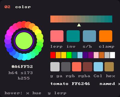Showcase panel 02: fill, stroke and tint, HSB, hex, named colours.