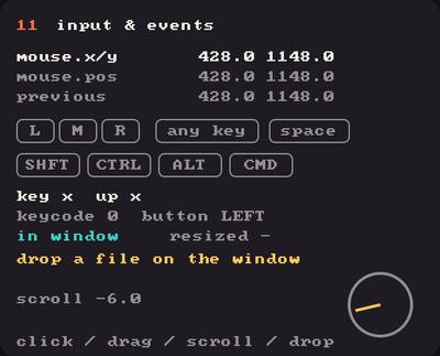 Showcase panel 11: mouse, keys, modifiers, scroll, file drops, window events.