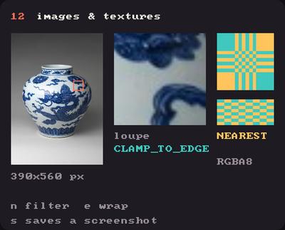 Showcase panel 12: Image, draw(source=), texture filters and wrap modes.
