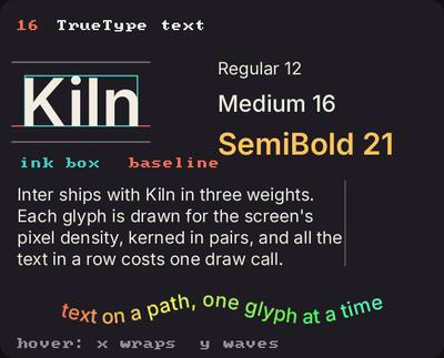 Showcase panel 16: Font: the three Inter weights, an ink box, baseline and metrics, a wrapped paragraph, text on a wave.