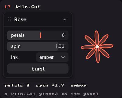 Showcase panel 17: a kiln.Gui of its own, always shown: sliders, a choice and a button tune a rose.