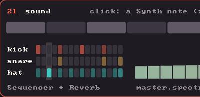 Showcase panel 21: silent until clicked: a Synth note (x sets the pitch), a Pluck, and a bar of Kick, Snare and HiHat in a Sequencer with its playhead and a Reverb on the master, with master.spectrum() and master.level() drawn live; needs kiln-gl[sound].