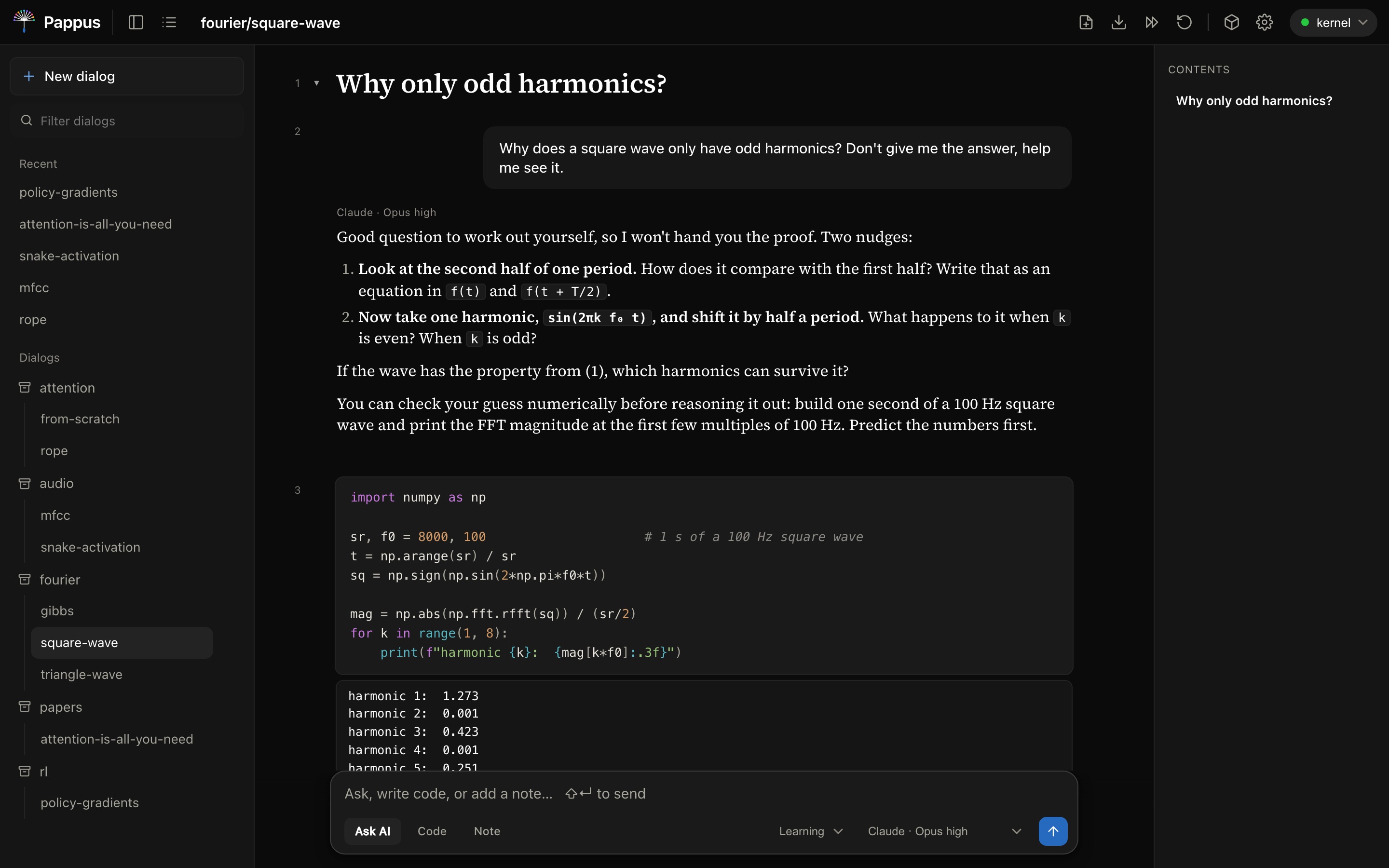 Pappus in dark mode, lesson Why only odd harmonics? The learner asks why a square wave has only odd harmonics and adds: Don't give me the answer, help me see it. The AI gives two nudges and no proof. Below, the learner's numpy FFT code prints the magnitude of harmonics 1 to 7: the even ones are near zero.