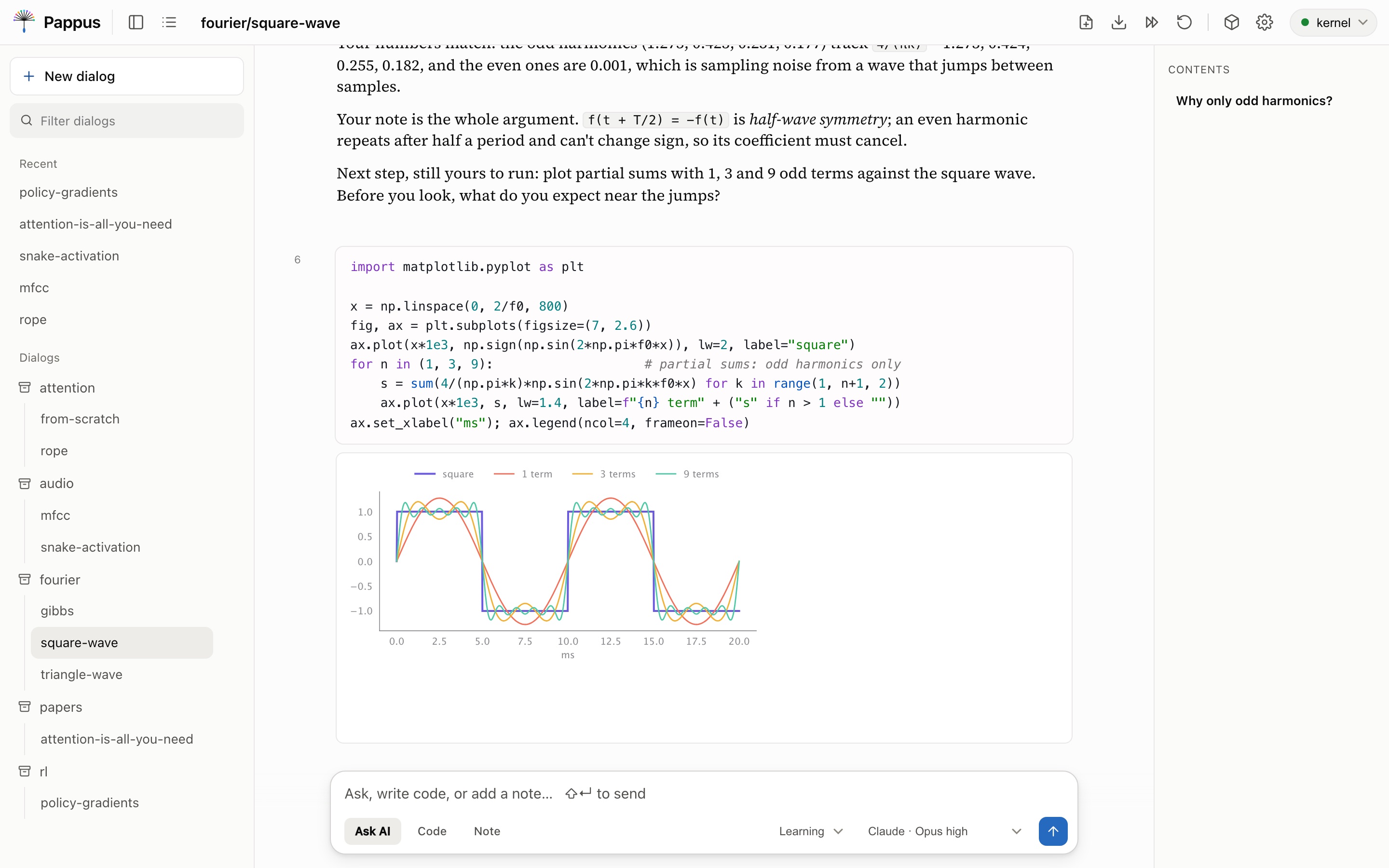 Pappus in light mode, dialog fourier/square-wave. A code cell plots partial sums of a square wave with 1, 3 and 9 odd terms in matplotlib, the plot renders inline, and the learner asks: It overshoots at the edges, even with 9 terms. Bug? The AI, labelled Claude · Opus high, names the Gibbs phenomenon.