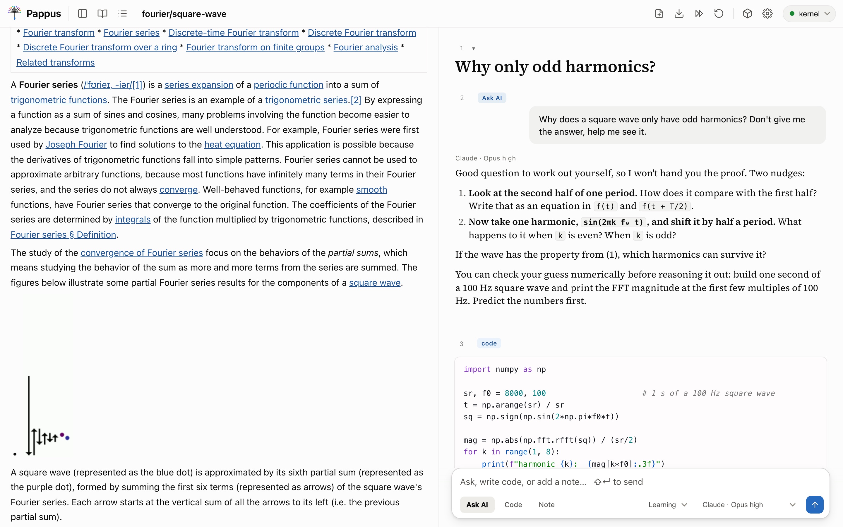 The Wikipedia article Fourier series open as clean text in the reading panel on the left, with the lesson Why only odd harmonics? on the right.